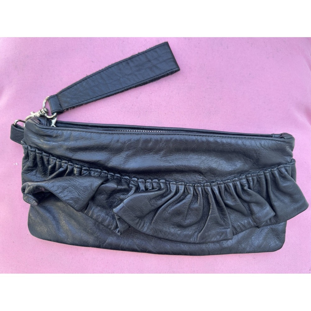 Y2K Cammie Hill‎ Black Leather Ruched Wristlet Clutch Bag 10.5"x4.75"